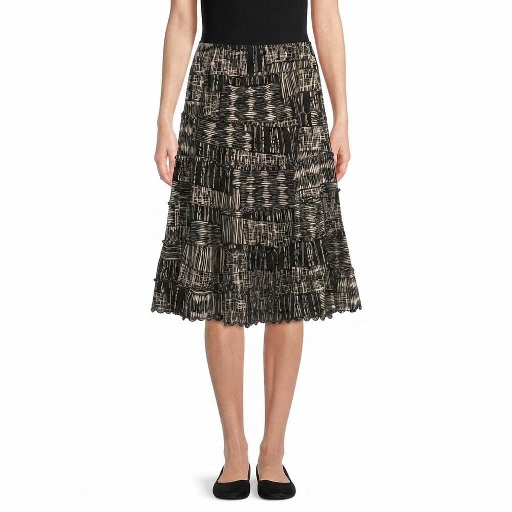 JM Collection Skirt Medium  Tiered Abstract Print Midi Black Beige Scalloped Hem
